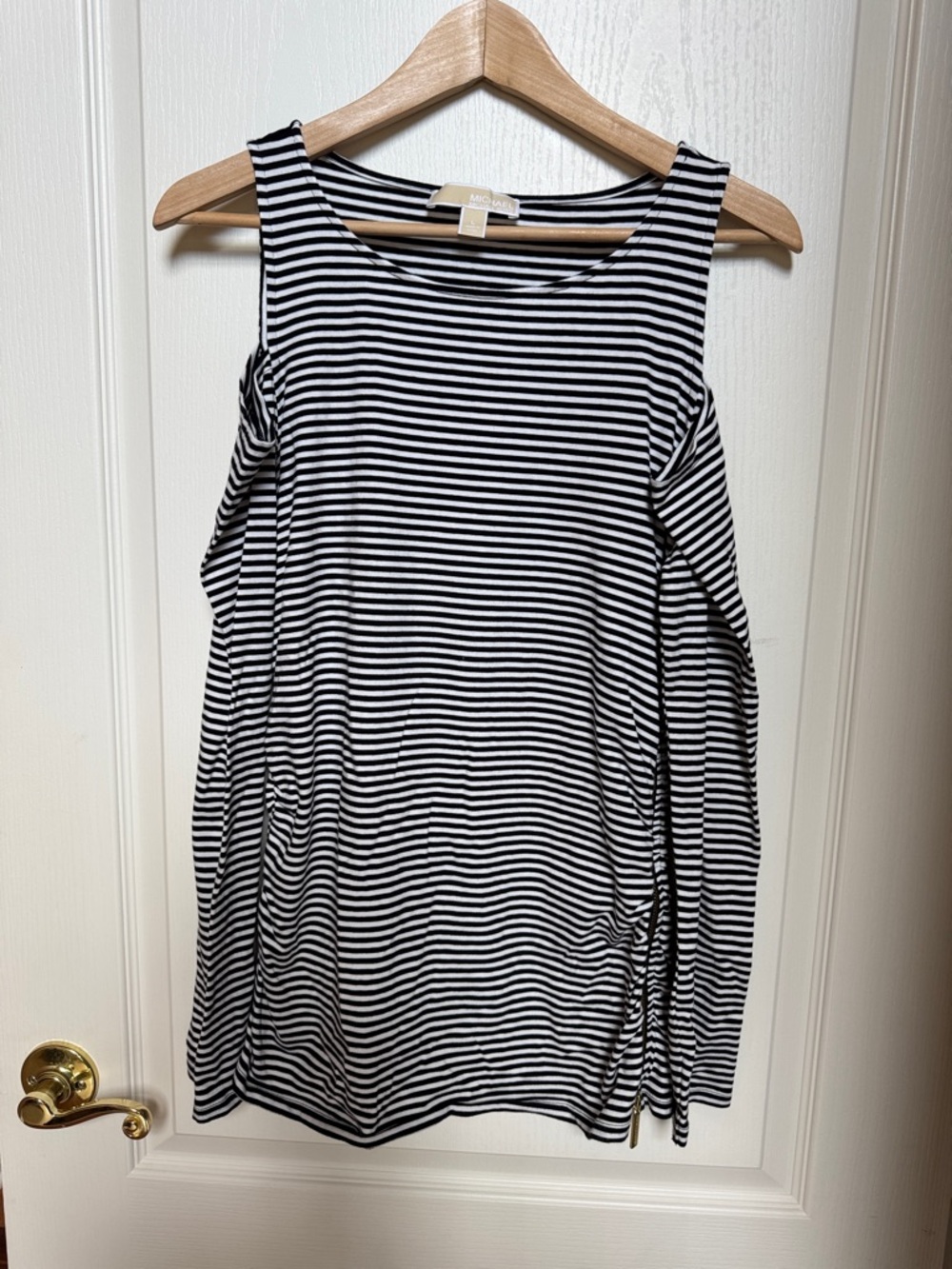 Michael Kors Black and White Striped Cold-Shoulder Top